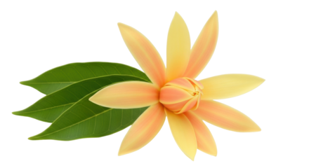 Isolated champak flower with petals blooming and green leaves, fragrant aroma, in studio shot