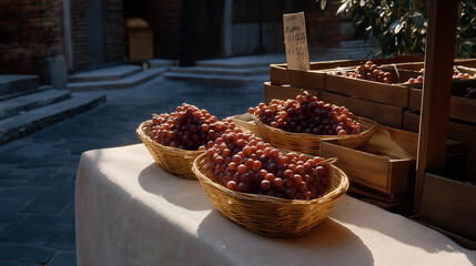 During harvest season, a market stall, its wooden counter scarred, displays baskets of grapes, their clusters plump, in a city square. A paper sign, its edges curled, lists prices, and a canvas clot