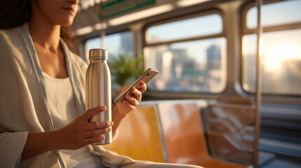 Engaging in media consumption, a commuter scrolls through news on a phone, its case scuffed, on a crowded subway, its seats vinyl and cracked. A metal thermos, its cap dented, steams in their hand, 