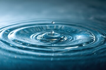 Tranquil Impact - A Crystalline Droplet Creates Concentric Ripples on a Calm Blue Surface.