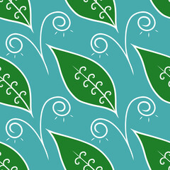 Seamless Green Leaf Pattern on Blue Background
