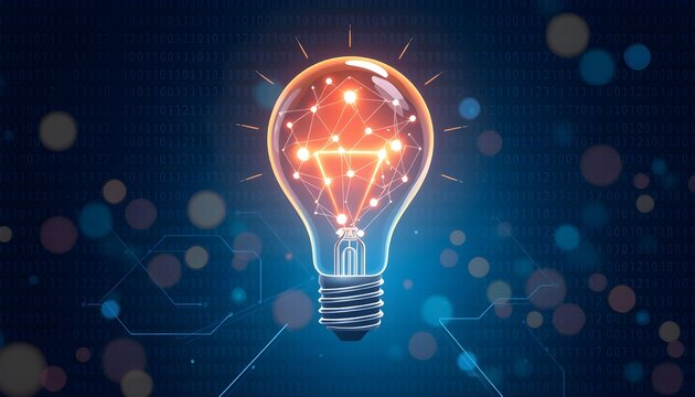A glowing light bulb with an intricate network of glowing lines inside, symbolizing innovation and ideas against a dark, futuristic background.
