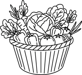 Black and white line drawing of a basket filled with fresh vegetables and greens