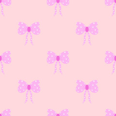 seamless pattern with cute pink spotted bow on pastel background, nursery design print.