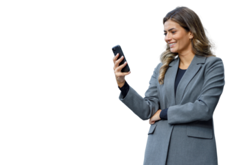 Businesswoman checking mobile phone, smiling, using technology for communication and professional networking on transparent background