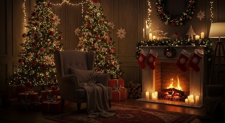 A cozy living room decorated for Christmas with glowing trees and a warm fireplace. The magical festive atmosphere is perfect for holiday and winter season concepts.