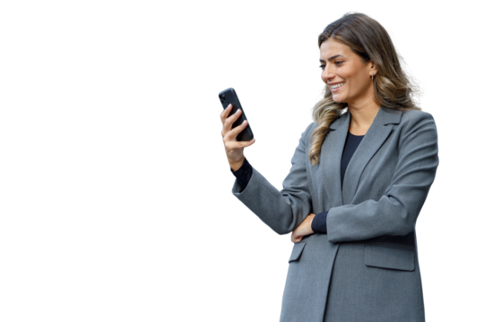 Businesswoman checking mobile phone, smiling, using technology for communication and professional networking on transparent background