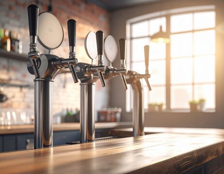 Close Up Of Beer Taps With Wood Table Top Against Brick Wall And Sunny Window