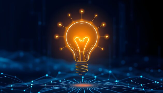 A glowing orange lightbulb with a heart-shaped filament symbolizes a brilliant idea born from passion over a digital network.