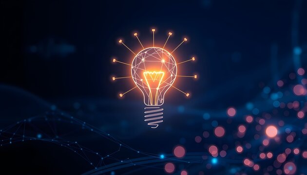Digital illustration of a glowing lightbulb representing ideas, innovation, and technology on a dark background.
