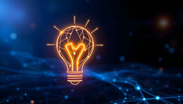 Glowing light bulb with digital network on dark blue background. - Powered by Adobe