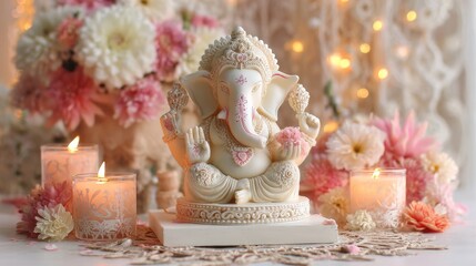 Fototapeta premium Intricate lord ganesha statue amidst candlelight and floral arrangement