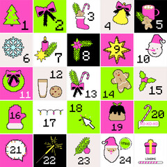 Fototapeta premium Pixel art Christmas advent calendar with festive icons and bright colors