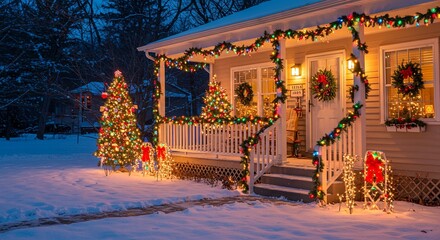 A cozy house porch decorated with colorful Christmas lights, garlands, and wreaths. The bright and festive display creates a welcoming holiday atmosphere in the snow.