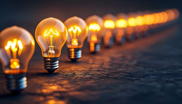 A long row of glowing incandescent light bulbs fading into the distance on a dark reflective surface, symbolizing ideas and innovation.