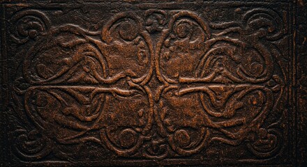A macro detail of an ornate embossed pattern on old, dark brown leather. The vintage, weathered texture creates a rich background for themes of history, fantasy, or craft.
