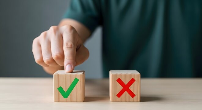 Making decisions concept: selecting the right choice with wooden blocks, tick and cross signs