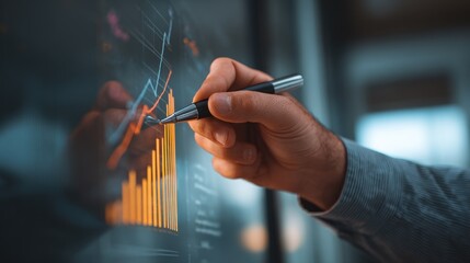 A hand holding a pen over a digital display showing a financial graph.