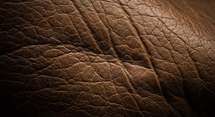 Fototapeta premium A detailed macro of a dark brown, genuine leather texture. The dramatic lighting highlights the natural grain and wrinkles, creating a luxurious and high-quality background.