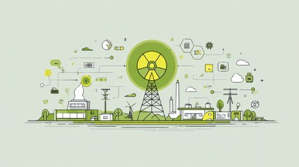 Nuclear energy infrastructure industrial site infographic graphic design aerial view renewable concepts for sustainable future