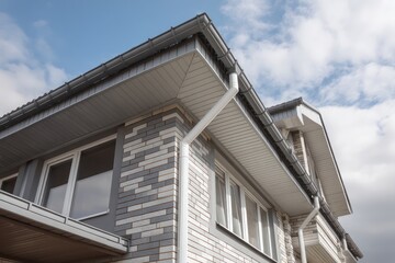 Gray Zinc Gutter and White Downpipes on House Facade