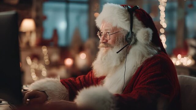 Santa talks through headset indoors. Claus at computer on Christmas. Beard and red costume glowing. Holiday workplace for Santa. Beard Claus Christmas computer, headset, holiday, office, online, Santa