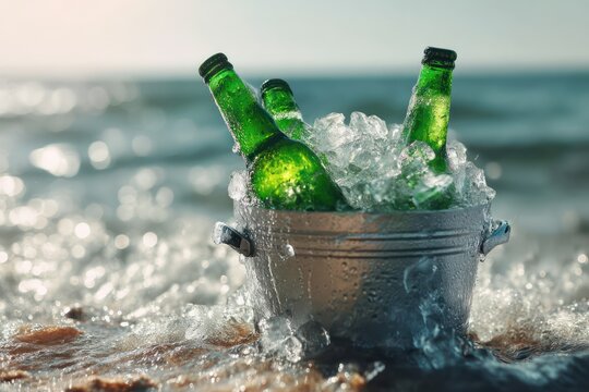 Green Beer Bottles in Ice Bucket on Summer Beach