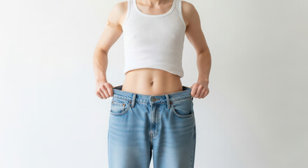 Woman proudly showing off weight loss in oversized jeans