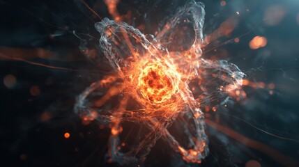 Dynamic atomic explosion visualization digital realm graphic illustration futuristic environment close-up perspective concept of energy