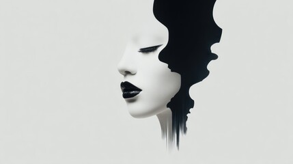 A woman's face with black and white makeup, set against a white background.
