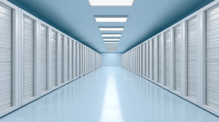 Obraz premium A long, narrow hallway with white walls and a blue ceiling, lined with white doors on both sides.