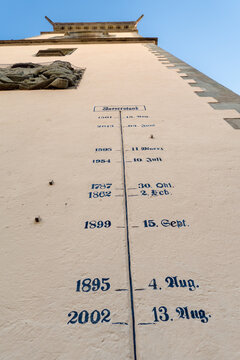Passau, Bavaria, Germany: indications of historic flood levels from Danube and Inn rivers, on the tourism information building in the old town