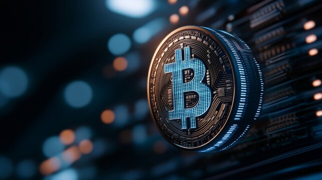 Shiny bitcoin symbol on circuit board with blurred lights in background - Powered by Adobe