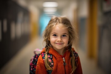 Happy Girl with Backpack in Blurred School Hallway