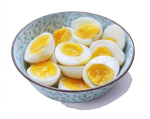 Halved hard-boiled eggs in a small bowl