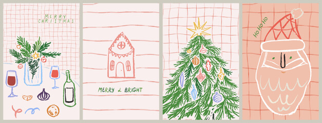 Retro vintage Christmas banner collection in pencil chalk drawing style. Cute poster or placard print set christmas or new year dinner table with wine and fir tree. Greeting card and party invitations