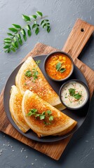 Freshly cooked crispy golden quesadillas served with vibrant vegetable and creamy white sauces on a rustic wooden board for authentic Mexican cuisine experience