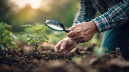 A person examining a small plant with a magnifying glass in a garden.