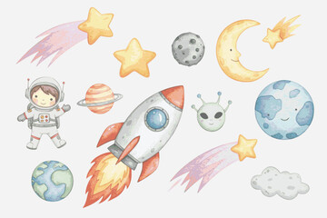 A charming watercolor collection of space-themed illustrations, including an astronaut, rocket ship, planets, stars, and a friendly alien. © snoobcat
