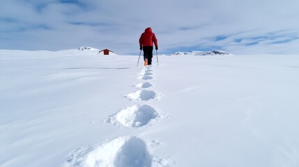 Solitary journey: male trekker in snowy mountain landscape under cloudy sky