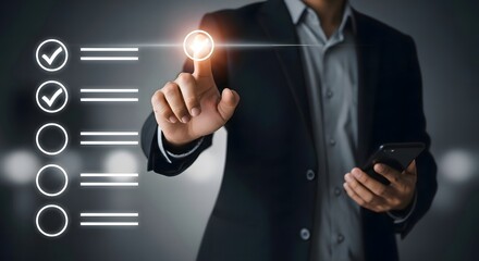 Businessman completing checklist on virtual screen for task management and productivity boost