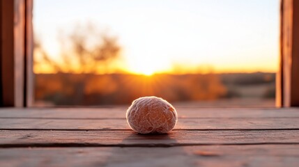 Lone tennis ball at sunrise on wooden surface overlooking scenic landscape