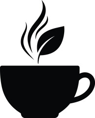 Black Silhouette of a Coffee Cup with Leaf and Steam drink beverage