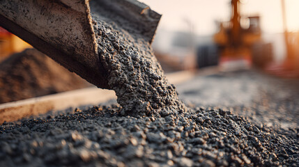 Fototapeta premium Heavy machinery pouring fresh concrete on construction site with blurred background elements