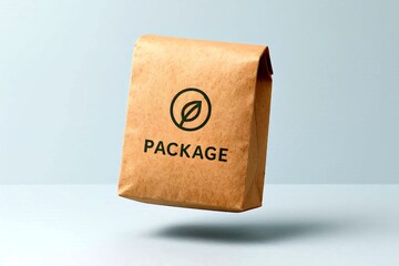 A sustainable textured kraft paper package with a simple logo floating on soft light pastel blue background.