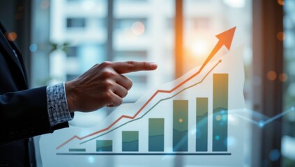 Corporate Growth Success Businessman pointing at growth arrow on chart Symbolizing success and corporate development strategy