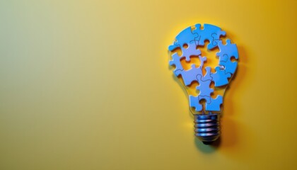 Create an image featuring a light bulb made out of puzzle pieces on a yellow background with electric blue tones