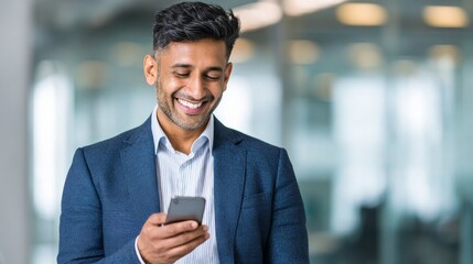 Smiling hispanic adult male using smartphone in modern office environment