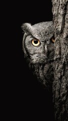 The image shows an owl, likely a Great Horned Owl, Eastern Screech-Owl, or Whiskered Screech-Owl, partially hidden behind a tree trunk.