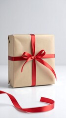 A beige gift box tied with red ribbon
